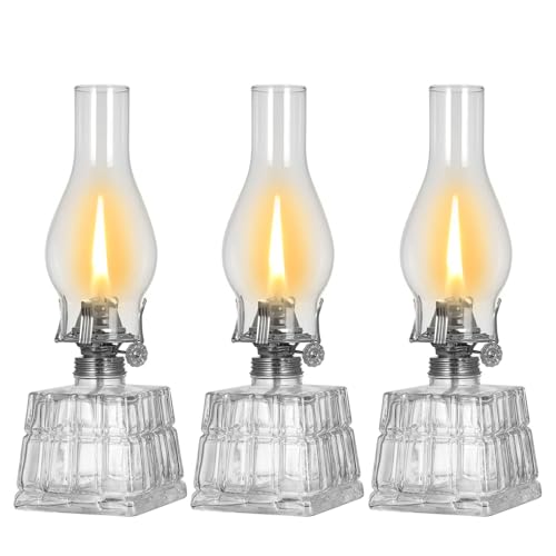 3 Pack Chamber Oil Lamp Vintage Large Square Glass Kerosene Lamp Antique Oil Lamps for Indoor Use Emergency Lighting Rustic Hurricane Lamp Classic Clear Oil Lantern 11 Inch