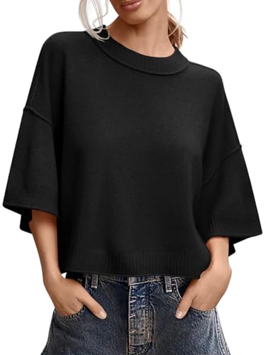 Women's Short Sleeve Cropped Sweaters 2025 Summer Oversized Loose Fit Drop Shoulder Casual Sweater Tops