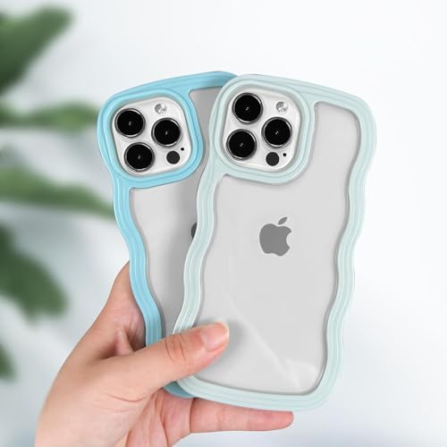 Image of GoldKart iPhone 14 Pro Max Case Wavy Edge Clear Back Design, Anti-Slip Grip Cute Wave Curly Frame Shape Shockproof Soft TPU & Hard PC Bumper Protective Phone Case Cover for Women Girls - Light Blue
