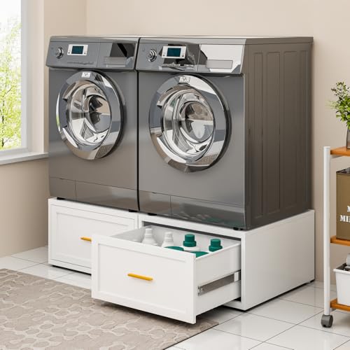 2 Pack Metal Washer and Dryer Pedestals, 28' W Heavy Duty Washer Dryer Pedestal, 16' H Washer Pedestal with Drawer, 440LBS Universal Laundry Pedestal for Washer and Dryer (2 pack-White)