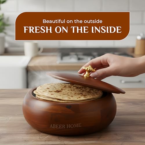 Image of Handcrafted Premium Wooden Roti Casserole - 9 x 9 x 4 Inches | Hot Roti Case & Chapati Box For Kitchen & Dining | Chapati Serving Hotbox Serveware With Gold Embossed Knob