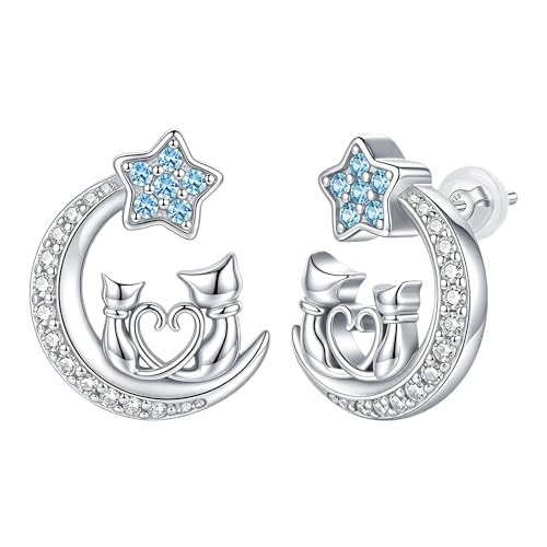 Hifeeled Boucles d'oreilles Chat Femme Argent Sterling 925 - Boucles d'oreilles Animal, Cadeaux Bijoux Original pour Femmes Amie Sœurs