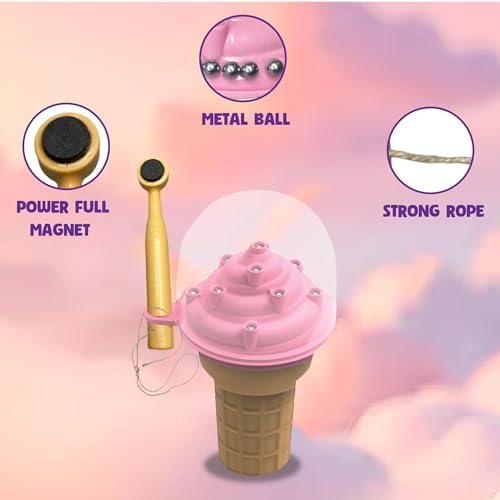 ToyMagic 2 in 1 Sweet Treats Magnetic Ball Drop Game|Ice Cream Shape Pickup and Drop Magnetic Board Game|Indoor Outdoor Puzzle Toy Cone Shape with Storage|Best Birthday Gift for Kids 3+|Made in India