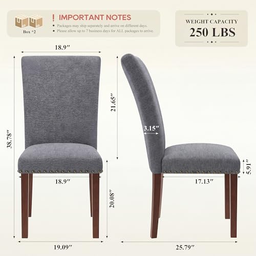 Image of COLAMY Upholstered Parsons Dining Chairs Set of 4, Fabric Dining Room Kitchen Side Chair with Nailhead Trim and Wood Legs - Dark Grey