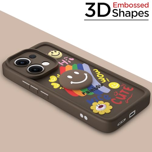 Image of Pikkme Back Cover for Oppo Reno 13 5G | Soft Silicone| Cute Rainbow Smile & 3D Cartoon Flower Design | Shockproof Raised Camera Protection Bumper Case (Brown)