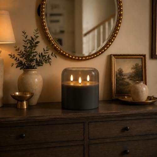Image of Homemory 6 x 6 Inch Extra Large Flameless Candle, Grey Glass 3-Wick LED Pillar Candle with Smooth Rounded Rim, Real Wax Battery Operated Candle with Remote Control and Timer for Home Decor