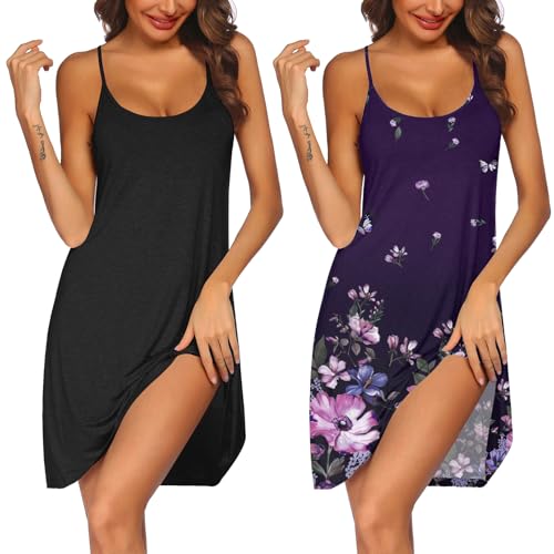 Ekouaer 2 Pack Nightgown for Womens Sleeveless Sleepwear Sleep Tank Chemise