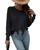 chouyatou Women's Casual Crewneck Fringe Tassel Knitted Pullover Sweater Jumper Tops (Small, Black)