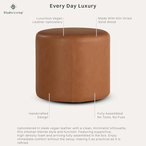 Lifestyle Solutions 19” Wentworth Ottoman Round Faux Leather Bench, Stationary Ottomans, Backless Chair, Footrest for Living Room, Footstool Office, Bedroom, Padded Seat, Caramel Brown by Studio Living - Image 4