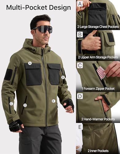 Image of FREE SOLDIER Men's Waterproof Softshell Jacket Fleece Lined Outdoor Jacket Tactical Military Hoodie Windbreaker