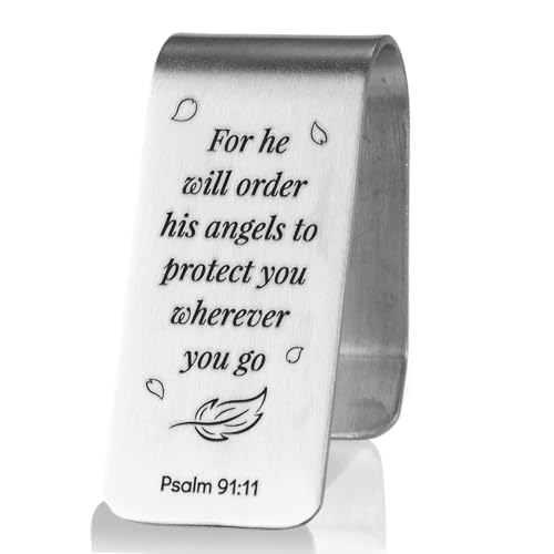 Image of Penitue Engraved Stainless Steel Car Visor Clip, He Will Order His Angels to Protect You Guardian Funny Visor Picture Clip for Safe Travel Religious New Drivers Gift Photo Accessories Men Women