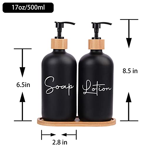 17 oz Hand Soap Dispenser Empty Glass Lotion Pump Bottles, Refillable Liquid Dish Soap Bottles for Bathroom Decor, Kitchen Sink, Matte Design and Wood Tray, Pack of 2, Black