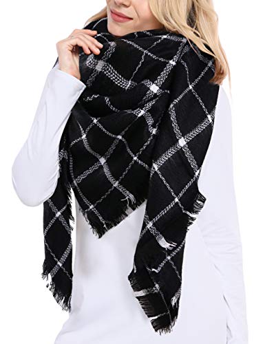 Bess Bridal Women's Plaid Blanket Winter Scarf Warm Cozy Tartan Wrap Oversized Shawl Cape (One Size, Black)