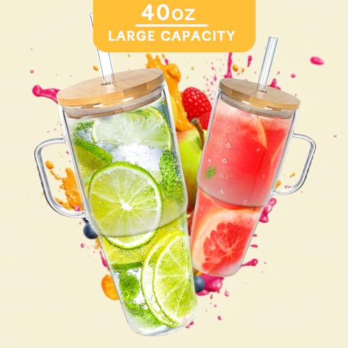 ANOTION Glass Cups with Lids and Straws - 40 Oz Tumbler with Handle and Straw Glass Water Bottles Drinking Glasses with Straws Iced Coffee Cups Travel Coffee Mug Smoothie Tumbler