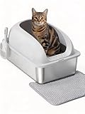 Simple Deluxe XL Stainless Steel Cat Litter Box with Lid, High Sided Metal Litter Pan for Large Cats, Urine-Proof Non-Stick, Light Gray