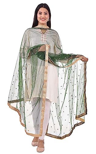 themilestocks Woman's Embellished Net Dupatta Scarf Shawl Wrap Soft Indian Bridal Wedding - Olive Green