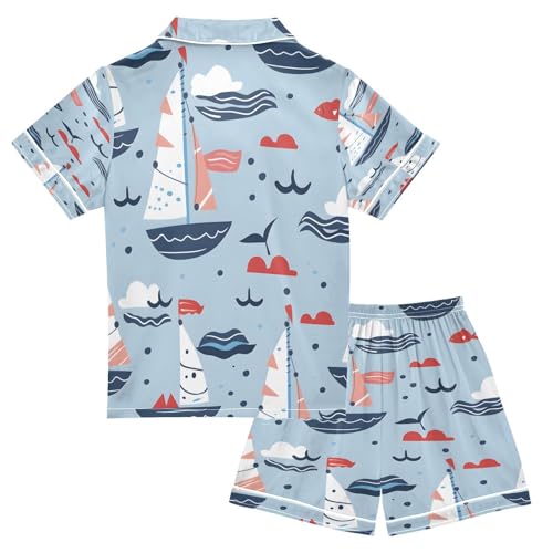 senya Pajama Sets Silky Button Down Nightwear Sleepwear Size 5-14 Years Sailboat Fish2