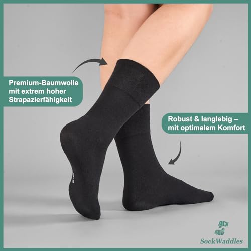 SockWaddles 6 Paar Diabetikersocken ohne Gummibund & ohne Naht 97% Baumwolle, Diabetiker Socken mit Komfortbund Hautfreundlich & Atmungsaktiv baumwollsocken für Damen Herren Schwarz 43-46