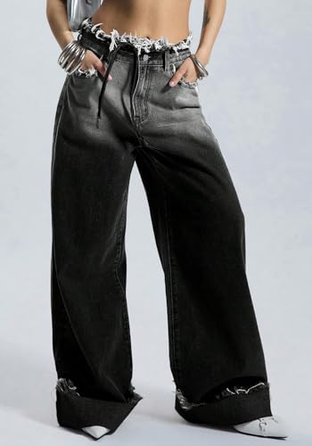 Famnbro Womens Baggy Jeans Frayed High Waisted Y2k Gradient Straight Wide Leg Raw Hem Boyfriend Cargo Denim Pants2