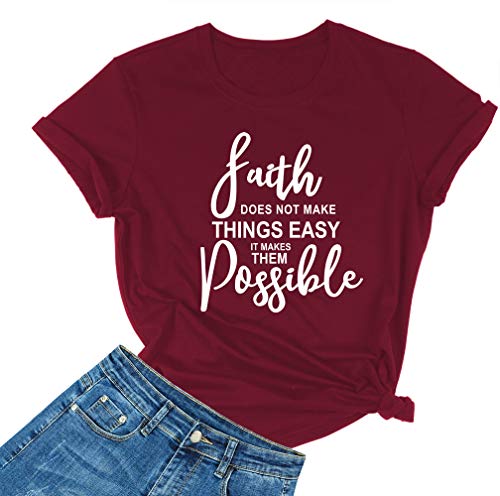 MIMOORN Women's O Neck Faith Letter Print T-Shirts Short Sleeve Graphic Tees Tops Wine Red XX-Large