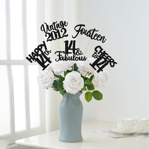 Image of 15 PCS 14th Birthday Centerpiece Sticks Fourteen Happy 14 Vintage 2012 Table Flower Centerpieces Sticks Cheers to 14 Fabulous Floral Decorations for 14th Birthday Party Supplies Black