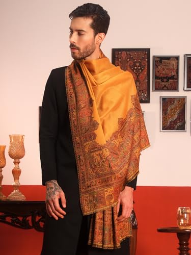 Image of Pashmoda Men Arcadia Borders Jamawar Shawl, Stole and Wrap, Sustainable and Natural Fabric, Heritage Kashmiri Pashmina, Medium Size for Gents, (Size 40x80 Inches)