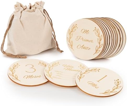Wooden Baby 월간 마일스톤 카드, 아기 발표 표지판, 월간 마일스톤 디스크, 신생아 사진 소품, Hello World Birth Announcement, My First Year (1-12개월), 14개, 다양한 언어 — 사진 7