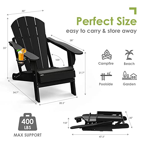 Greenvines Folding Adirondack Chairs Set Of 4, Hdpe All-Weather Fire Pit Chairs With Cup Holder, Plastic Campfire Chair For Deck Backyard Patio Outdoor Poolside Porch Lawn Outside, Black #TOP2