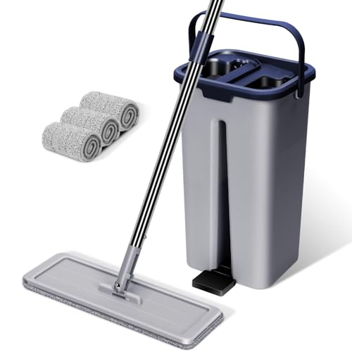 Set Mocio Lavapavimenti con Secchio,Masthome Mocio Pavimenti Rotante a 360° e Secchio Strizzatore,Mop Piatto Professionale,con 3 Tamponi Riutilizzabili,Per La Pulizia dei Pavimenti,Grigio+Blu