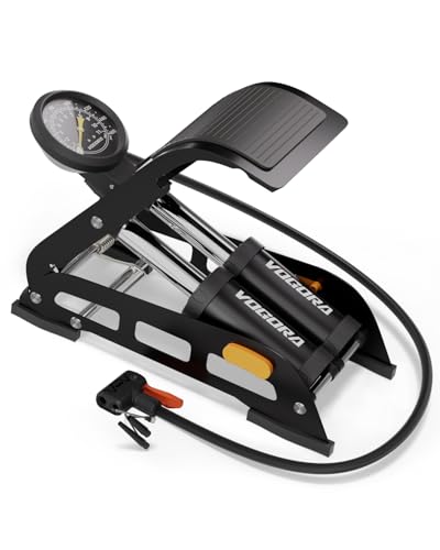 VOGORA Bomba Bicicleta de Pie,Inflador Bicicletas Doble Cilindro con Válvulas Schrader/Presta para Todas las Bicis,Hinchador para Coches y Bicis con Manómetro de 160PSI - Ideal MTB,Carretera y Pelotas