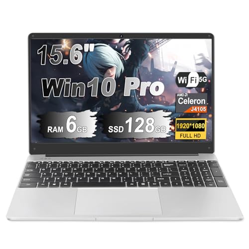 NOTODD Laptop 15.6 Zoll 6GB RAM 128GB ROM Erweiterungen 2,5" 1 TB SSD, Laptop Win 10 mit 2-Core CPU J4105 (bis zu 2,8 GHz), 1920 * 1080丨5G WiFi丨BT4.2 & Deutsche Tastatur Aufkleber-Silver