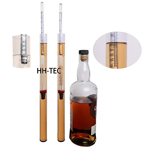 HHTEC Alkoholmeter 0-100 Vol% (mit Thermometer und Ausgleichsskala) Alkoholmessgerät, Alkoholspindel Aräometer geeignet für alle Spirituosen oder Destillate, Eintauchzylinder aus Hartplastik inkl.