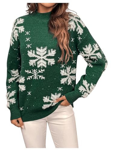 MakeMeChic Women's Graphic Print Sweater Long Sleeve Mock Neck Drop Shoulder Knit Top