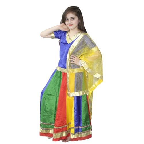 Image of Kaku Fancy Dresses Traditional Radha Costume for Girls - Red & Yellow Lehenga Choli with Dupatta | Indian Mythological Fancy Dress for Janmashtami - 14-17 Years
