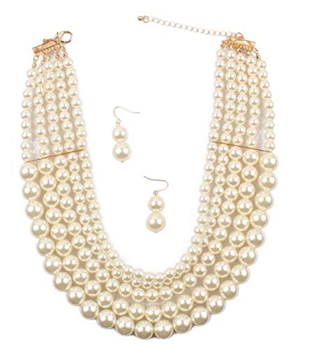 Shineland Elegant 5 Layer Strand Faux Pearl Cluster Collar Bib Choker Necklace And Earrings Suit (White)