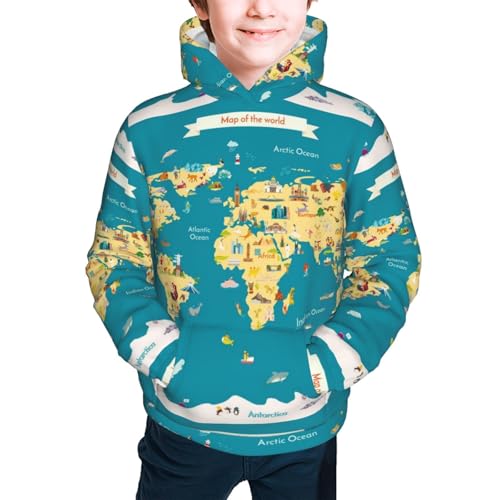 World Map With Landmarks Kid Hoodies Boys Sweatshirts Girls Pullover with Pocket3