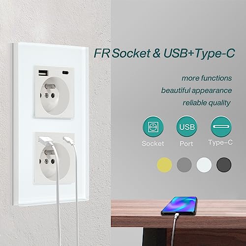 BSEED Steckdose aus Kristallglas, Wandmontage, USB und 1 Typ C Alternative, Mehrfachsteckdose mit USB 2.1 A, Strom 16 A, 240 V, 157 mm, Wei&szlig;