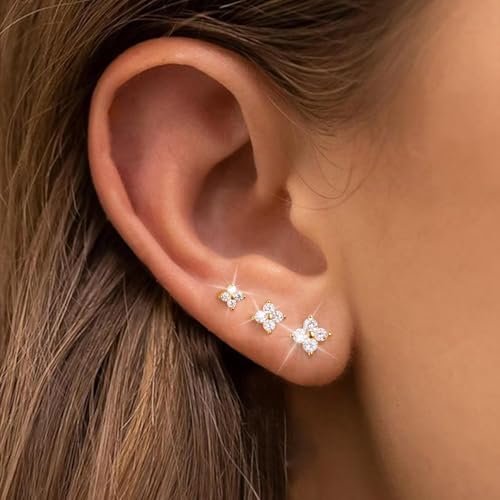 3 Pairs Gold/Silver Stud Earrings for Women Hypoallergenic,18K Gold Plated/Silver 4/5/6mm Cubic Zirconia Earrings Set Dainty,Small Diamond Earring Stack Cartilage Piercing Lightweight3