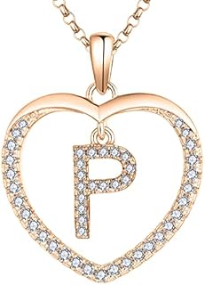 JO WISDOM Women Heart Necklace,925 Sterling Silver 26 Letters Alphabet Pendant Necklace with 3A Cubic Zirconia Personalized Jewellery Gift