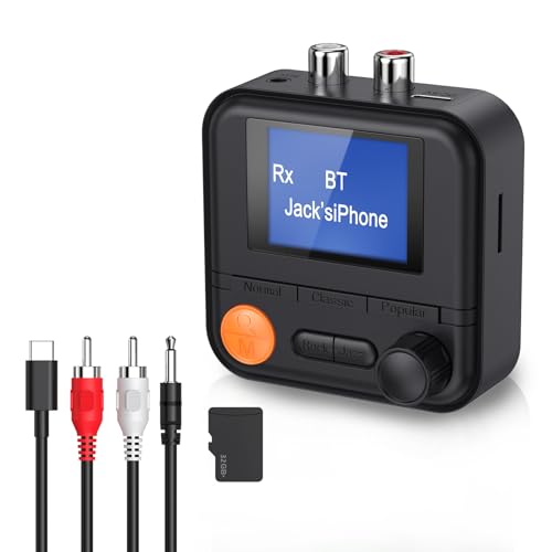 ORIA Bluetooth 5.2 Adapter, 2 in 1 Wireless Transmitter Receiver with 1.44 LCD Display, 5 EQ Modes, AUX RCA Cable, Support TF Card, 3.5mm Bluetooth Receiver for Hifi, Home Stereo, Headphones, Blue