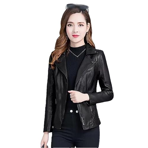 Veste en simili cuir pour femmes coupe slim fermeture éclair col revers noir