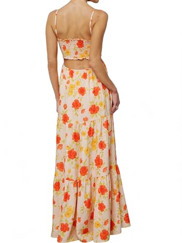 Image of Womens Summer Floral Spaghetti Strap Backless Low Cut Smocked Milkmaid Flowy Beach Sundresses