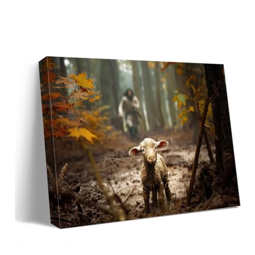 Baptism gifts for boys or girl wall decor, christian gifts for women & men, Jesus and Lamb Canvas poster Jesus Running After Lost Lamb Picture for prayer room Posters religious gift serenity prayer wall art for home decor A-366 (24"X16")