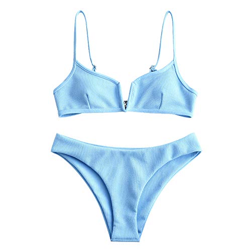ZAFUL - Bikini para mujer con tirantes en V azul claro M
