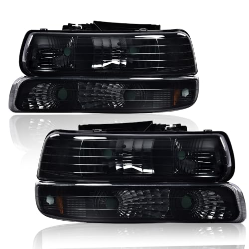 Image of GRAND ORANGE Front Headlight Assembly+ Bumper Lights Lamps Compatible with Chevy Silverado 1999-2002 / Fit Tahoe Suburban 2000-2006 Chrome Housing Clear Corner 4pcs Smoke color Cover Black Bottom