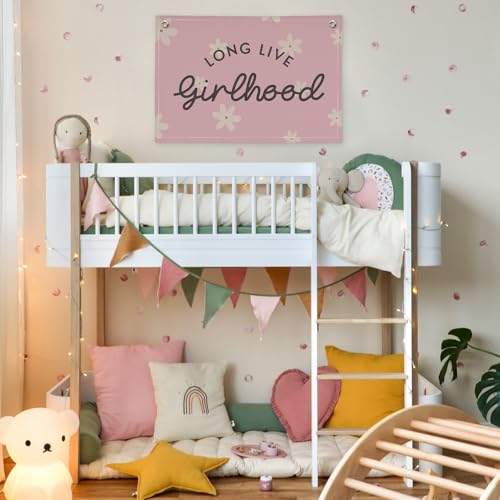 Image of Long Live Girlhood Linen Banner Hanging Pink Flag Flower Banner for Nursery Playroom Wall Decor for Kids Bedroom Living Room Dorm Toddler Decorations Trendy Room 30x20 In (Girlhood)