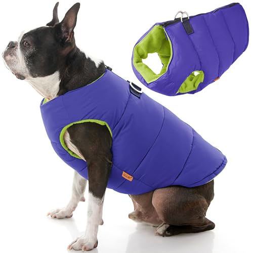 Image of Gooby Padded Vest Dog Jacket - Solid Purple, Small - Warm Zip Up Vest Fleece Jacket with Dual D Ring Leash Water Resistant for Small to Medium Dogs