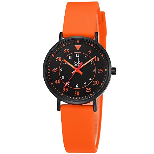 SHENGKE SK Montre Très Mince Mode Récurer pour Les Professionnels de la santé, Les infirmières, Les médecins, Les étudiants avec Cadran Facile à Lire, Bande de Silicone colorée (Orange)