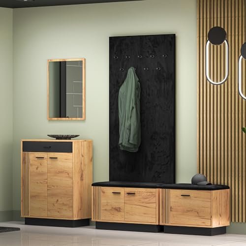 Lomadox Garderoben Dielen Flur komplett Set, 5-teilig, inkl. Paneel, Schuhbank klein und groß, Spiegel, Kommode Gold Craft Eiche