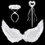 White Angel Wings with Halo and Fairy Wand for Kids Feather Wing Angel Costume for Halloween Cosplay (25.6” x 13.8')